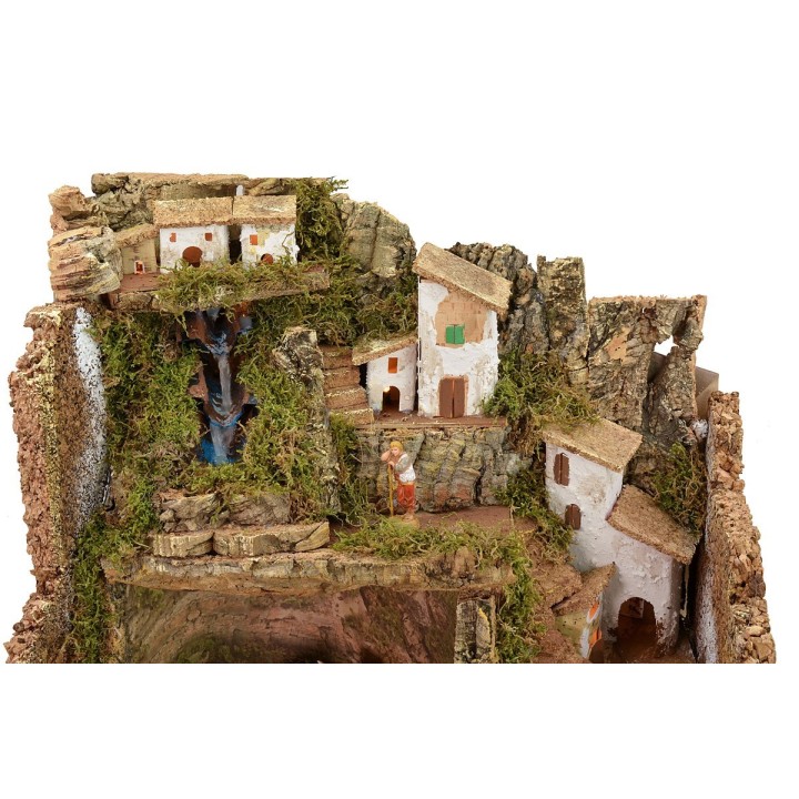 Illuminated nativity scene complete with Landi statues and waterfall cm