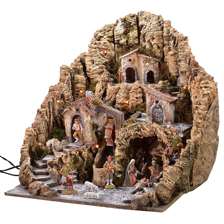Illuminated nativity scene with water mill complete with Landi statues