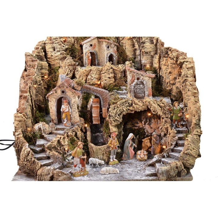 Illuminated nativity scene with water mill complete with Landi statues