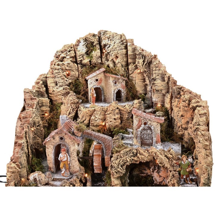 Presepe illuminato con mulino ad acqua completo di statue Landi