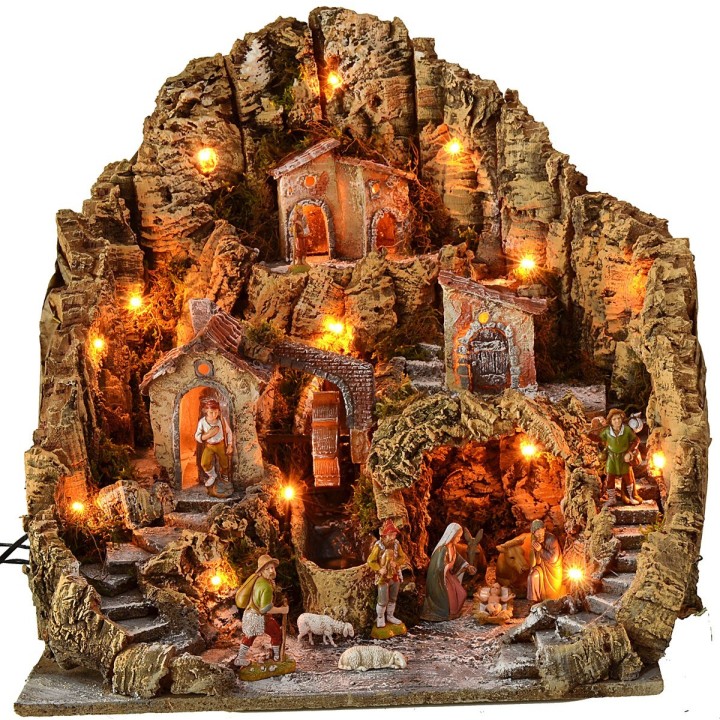 Belén iluminado con molino de agua completo con estatuas de Landi