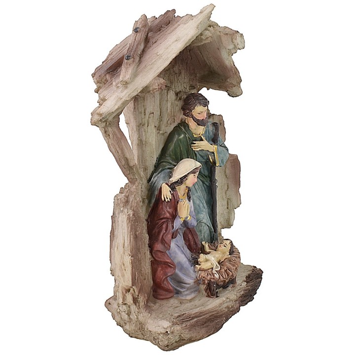 Natività con capanna a tronco in resina cm 12x7x20 h presepe