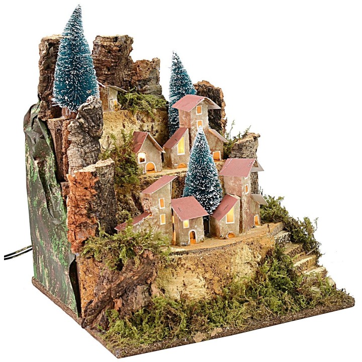 Paesaggio per presepe con casette illuminate cm 25x24x30,5 h