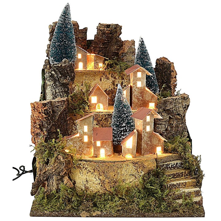 Paisaje para belén con casitas iluminadas de 25x24x30,5 cm h