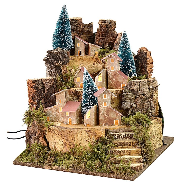 Paesaggio per presepe con casette illuminate cm 25x24x30,5 h
