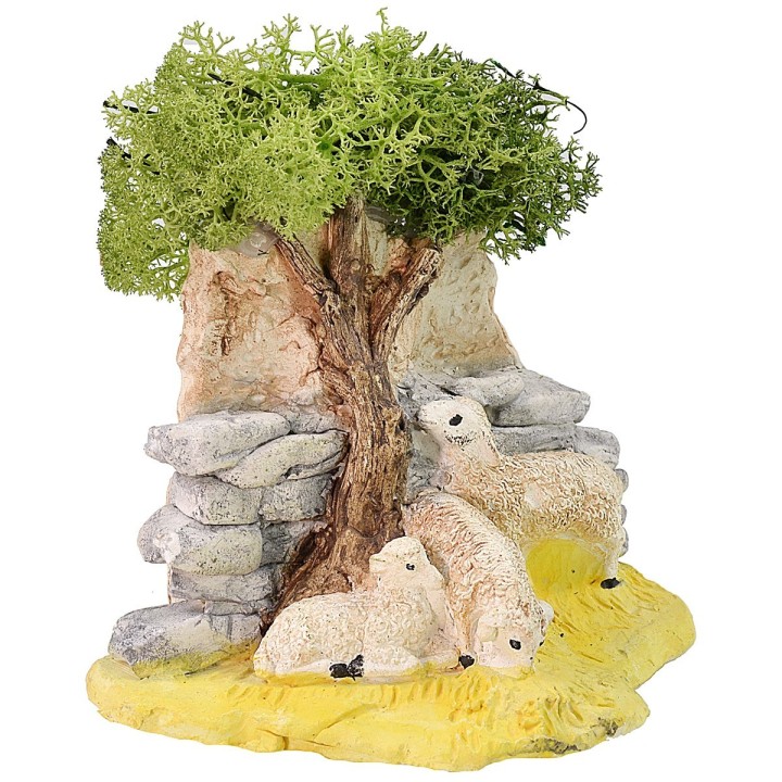 Gregge di pecore al pascolo con albero per presepe cm 12x8x13 h