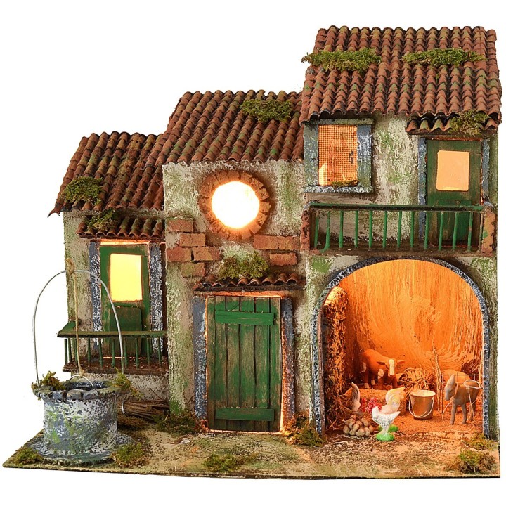 Current-lit country farmhouse with animals and well 36x25x30.5