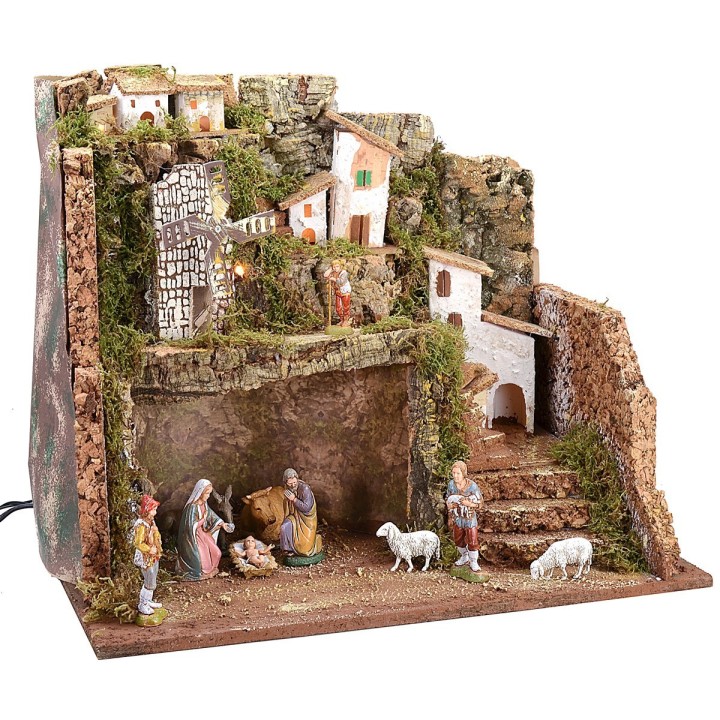 Presepe illuminato con mulino a vento cm 45x30x37,5 h