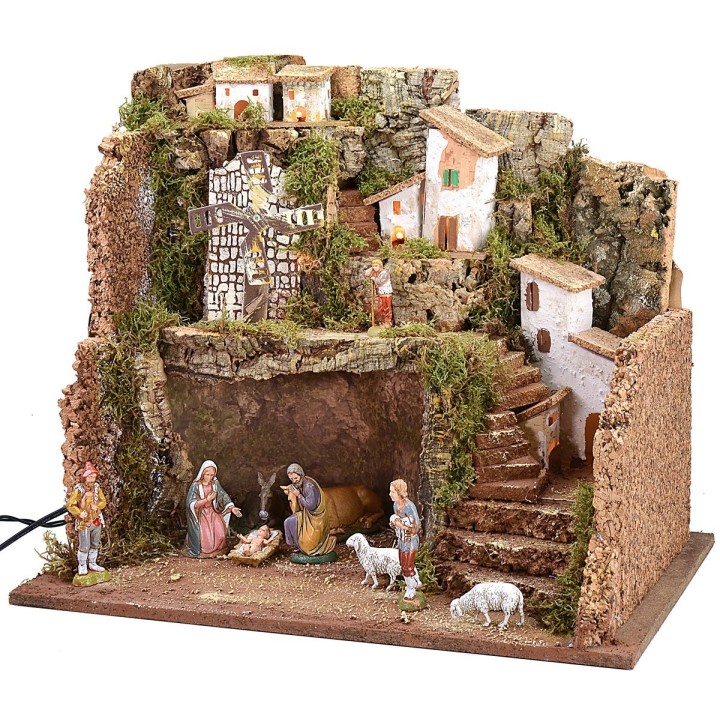 Presepe illuminato con mulino a vento cm 45x30x37,5 h
