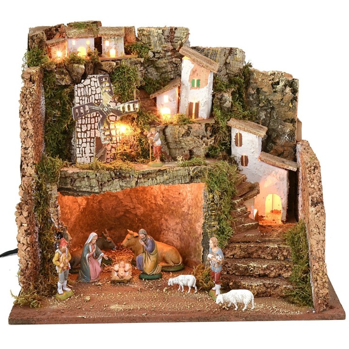 Presepe illuminato con mulino a vento cm 45x30x37,5 h