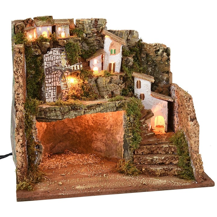 Presepe illuminato con mulino a vento cm 45x30x37,5 h