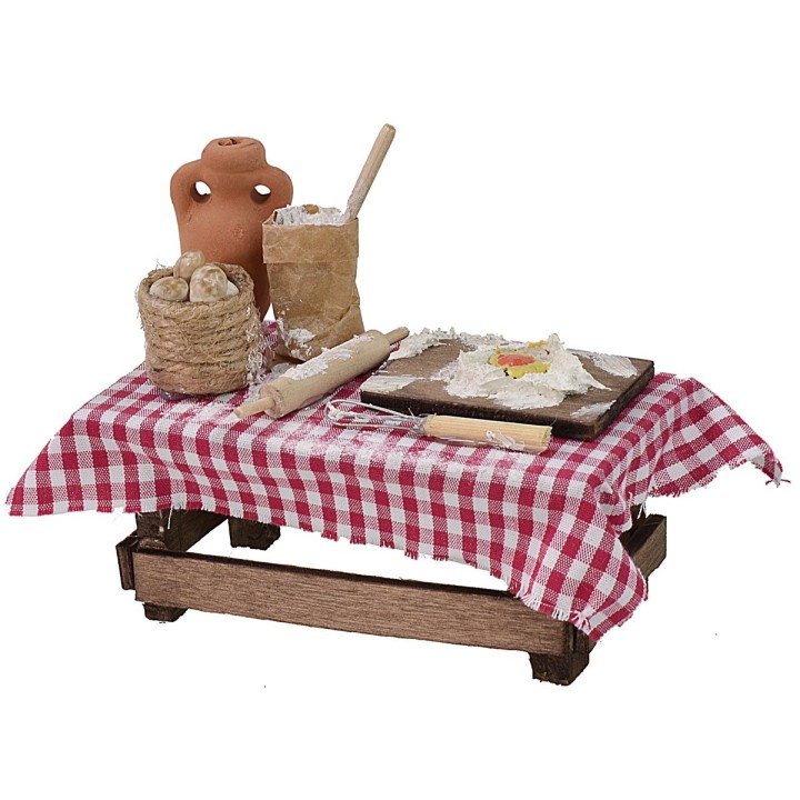 Wooden table with tablecloth and food cm 9.5x5x8.5 h