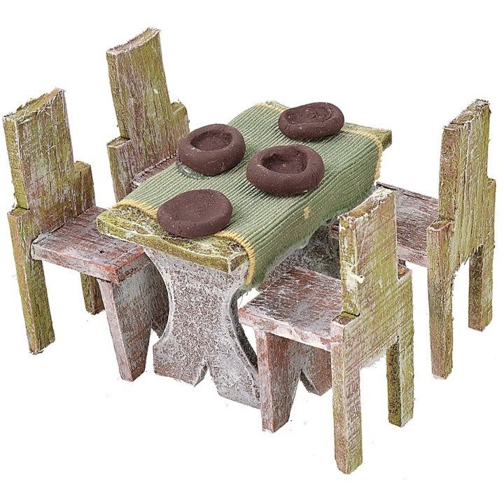 Tavolo in legno con 4 sedie per statue cm 8-10