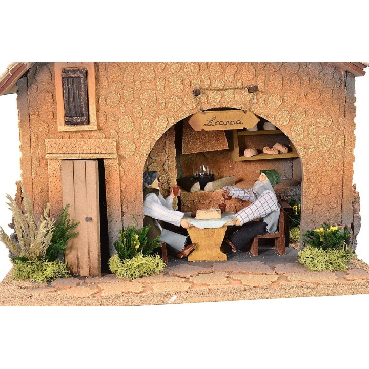 Osteria illuminata per presepe con fuoco funzionante e doppio