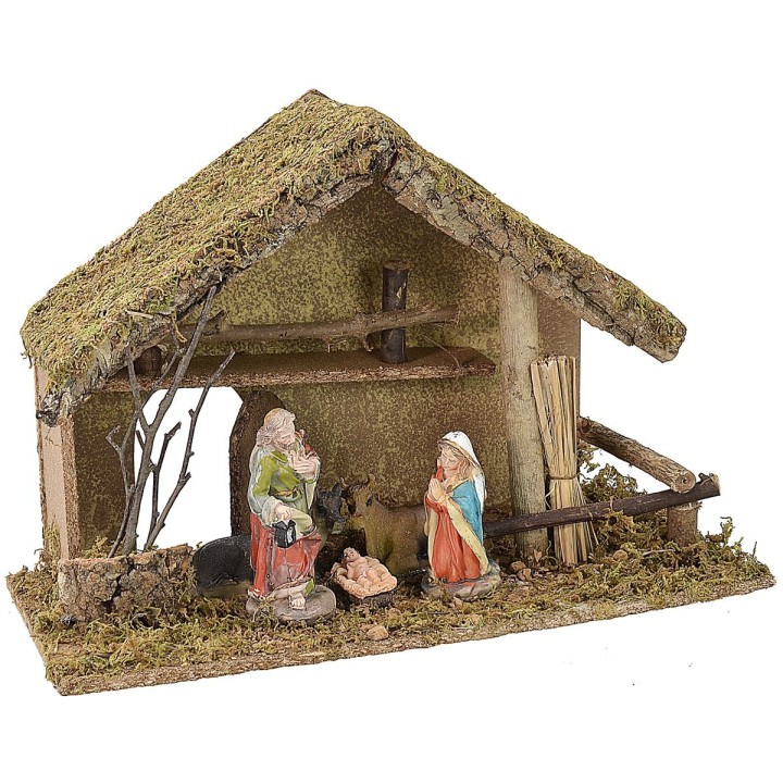 Capanna cm 43x21x30,5 h completa di Natività in resina 12 cm