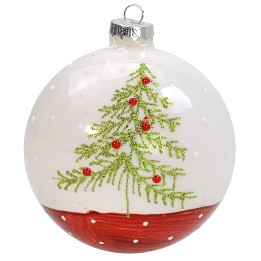 Pallina bianco-rossa con albero di Natale ø 10 cm