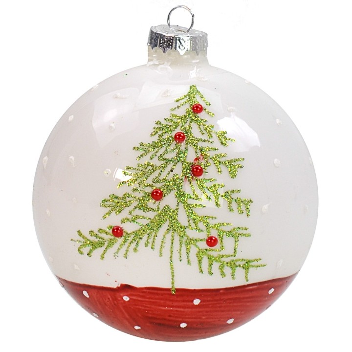 Bola blanco-roja con árbol de Navidad ø 10 cm
