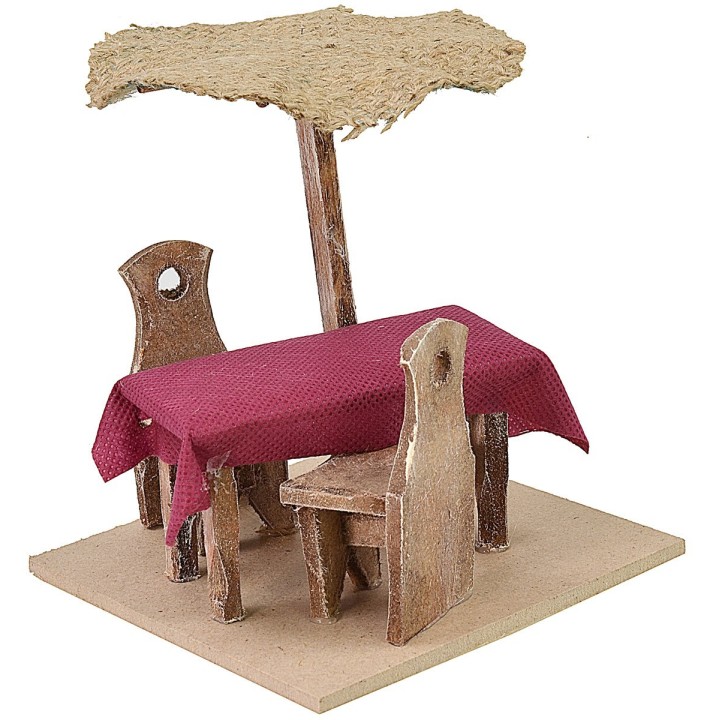 Mesa de madera de 12x12x12 cm de altura con sillas y sombrilla