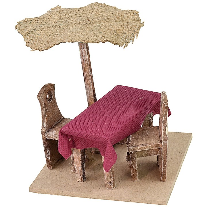 Wooden table cm 12x12x12 h with chairs and umbrella for statues
