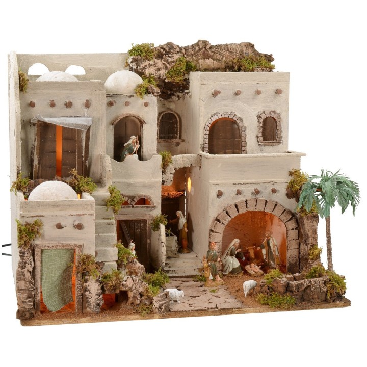 Illuminated Arabic nativity scene with working fountain complete with