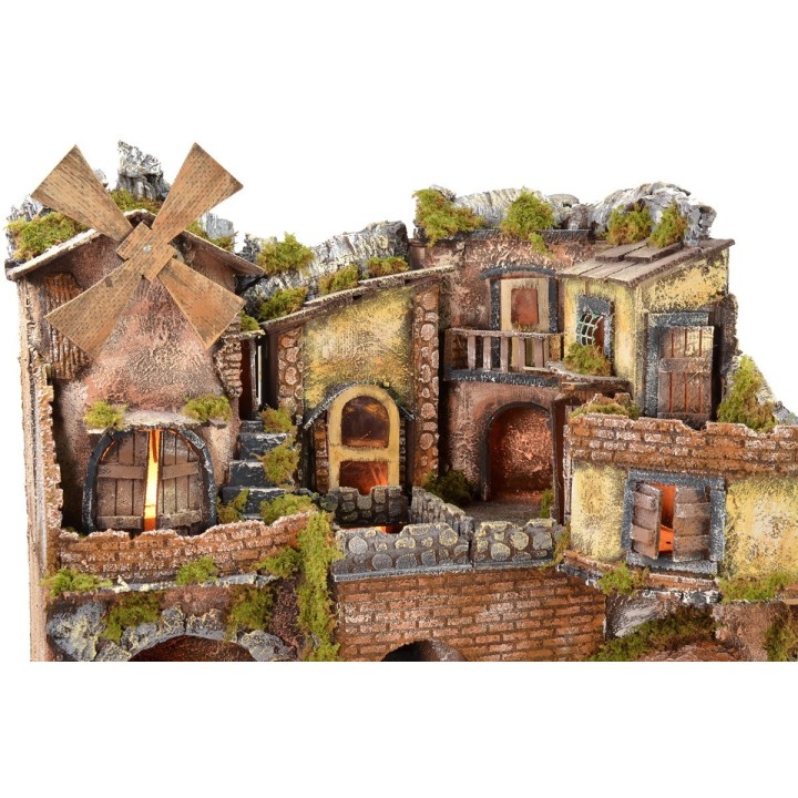 Borgo napoletano illuminato con forno, mulino a vento e cascata