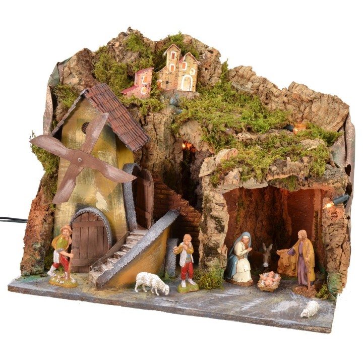 Illuminated nativity scene with cave and working electric mill
