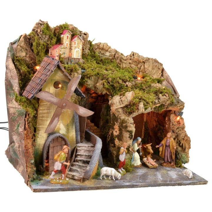 Illuminated nativity scene with cave and working electric mill