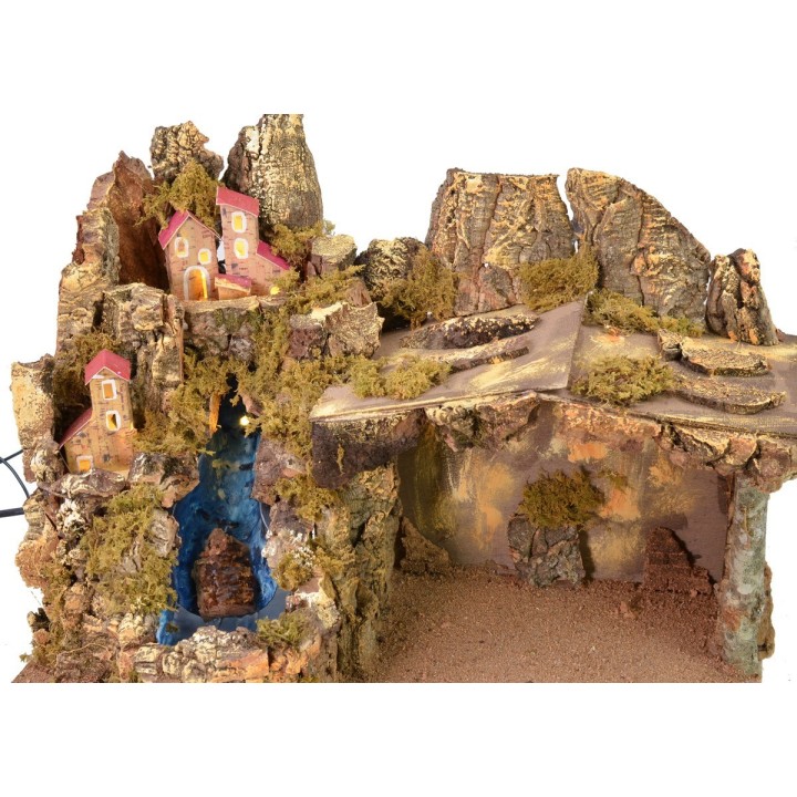 Presepe con paesaggio, luci e cascata funzionante cm 45x30x34 h