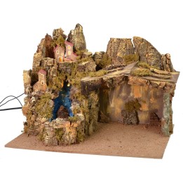 Nativity scene with landscape, lights, and working waterfall, dimensions 45x30x34 cm (h)
