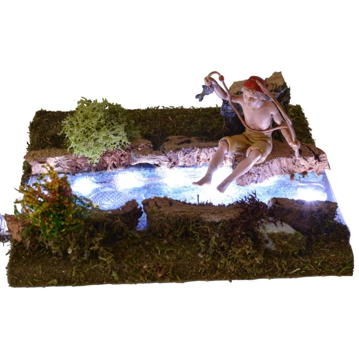 Tramo de río iluminado con pescador cm 16,5x13,5