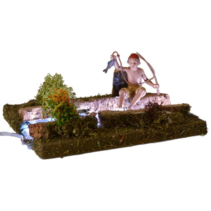 Tratto di fiume illuminato con pescatore cm 16,5x13,5