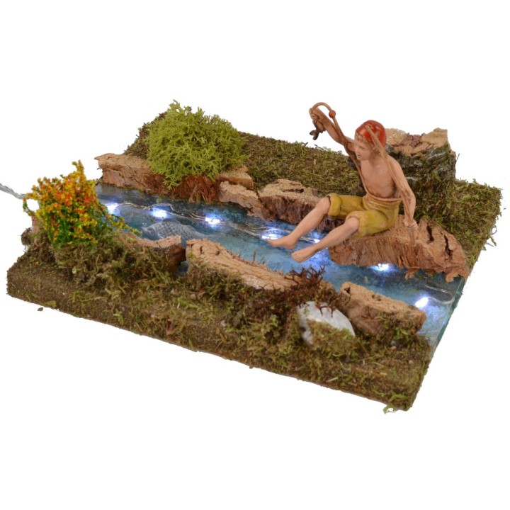 Tramo de río iluminado con pescador cm 16,5x13,5