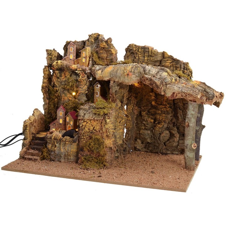 Illuminated nativity scene with working water mill cm