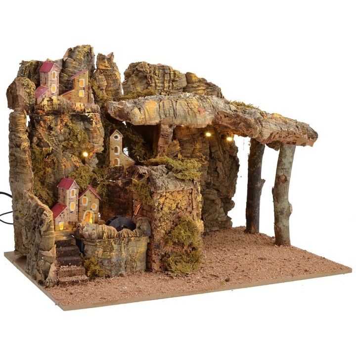 Illuminated nativity scene with working water mill cm