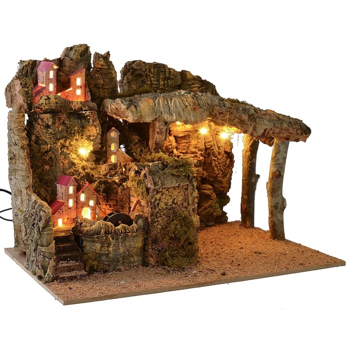 Illuminated nativity scene with working water mill cm