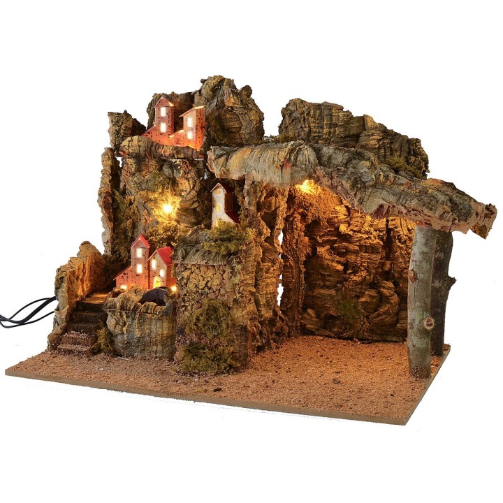 Illuminated nativity scene with working water mill cm