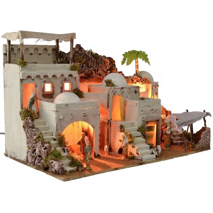 Illuminated Arabic nativity scene with functional bivouac complete with