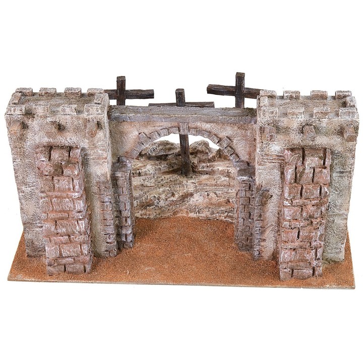 Ambientación de la Crucifixión con fachada de fortaleza