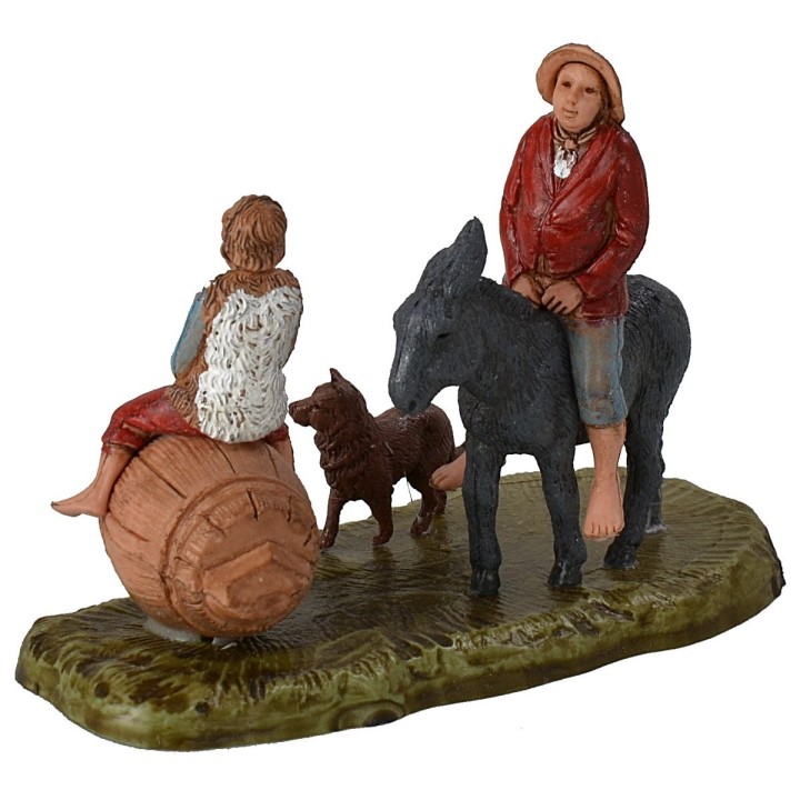 Escena hombre en asno con niño y perro serie 6 cm Landi
