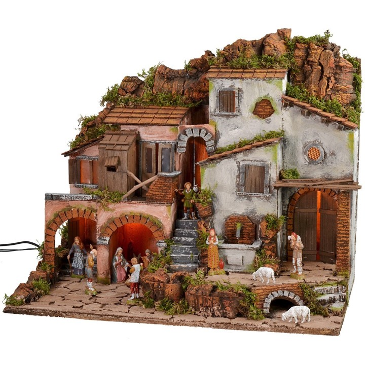 Illuminated crib with functioning fountain complete with Landi