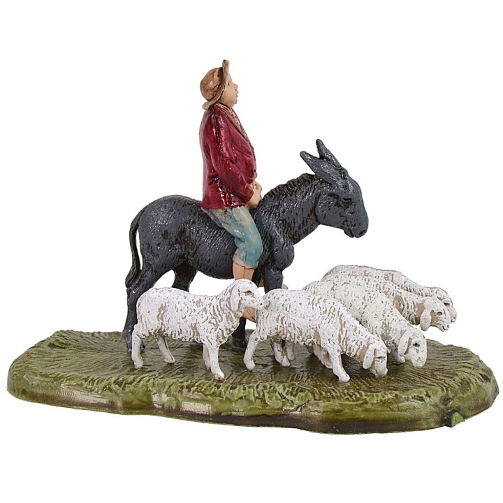 Hombre en burro con rebaño de ovejas serie 6 cm Landi Moranduzzo