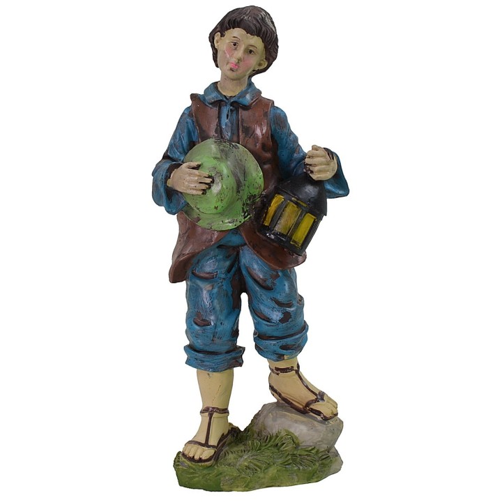 Boy with hat and lantern in resin 25 cm