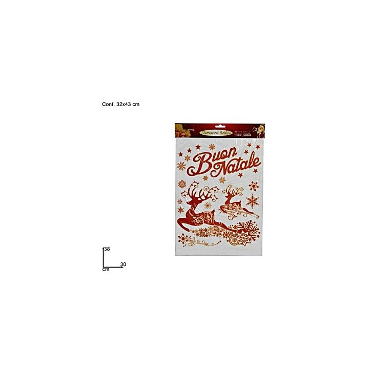 Vetrofania rossa "Buon Natale" con renne cm 30x38 h