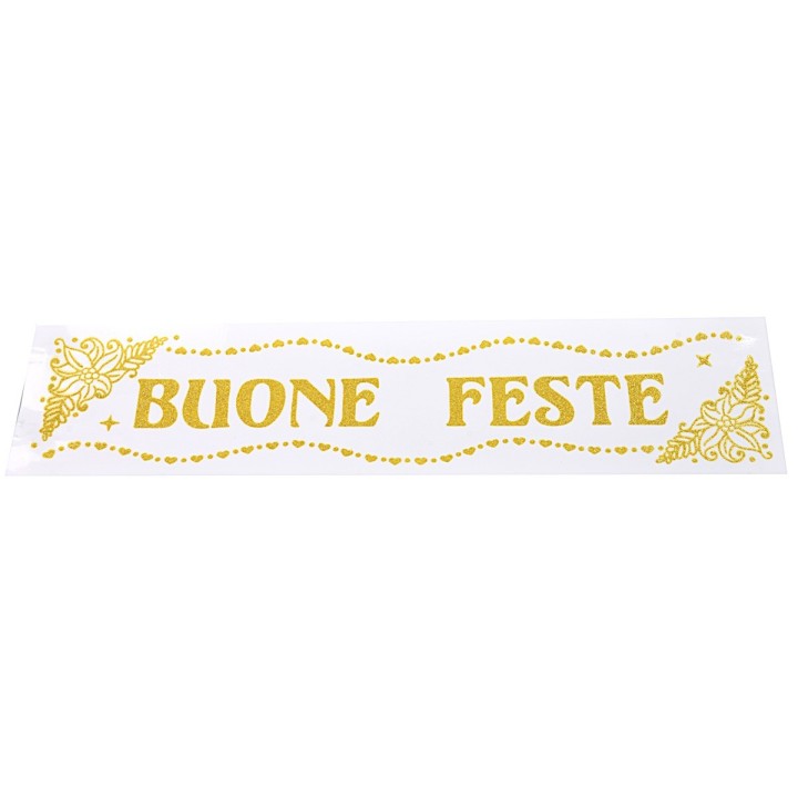 Vetrofania glitterata oro "Buone Feste" cm 16x61