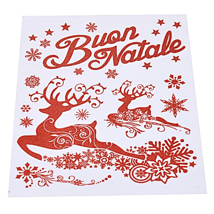 Vetrofania rossa "Buon Natale" con renne cm 30x38 h