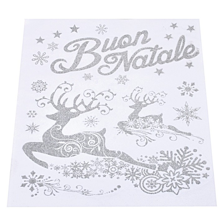 Vetrofania argento "Buon Natale" con renne cm 30x38 h