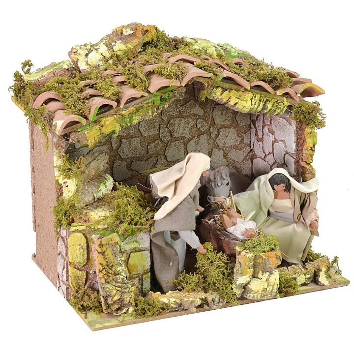 Cabaña iluminada con Natividad serie 12 cm en movimiento