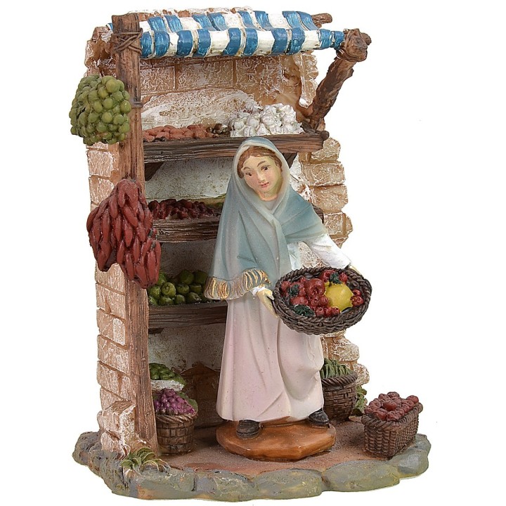 Tienda en resina con vendedora de frutas cm 12,5x8,5x16,5 h