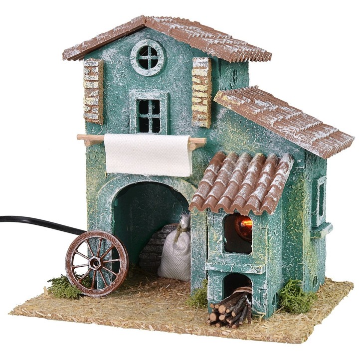 Cabaña de madera con horno funcional de 20x16x21 cm h
