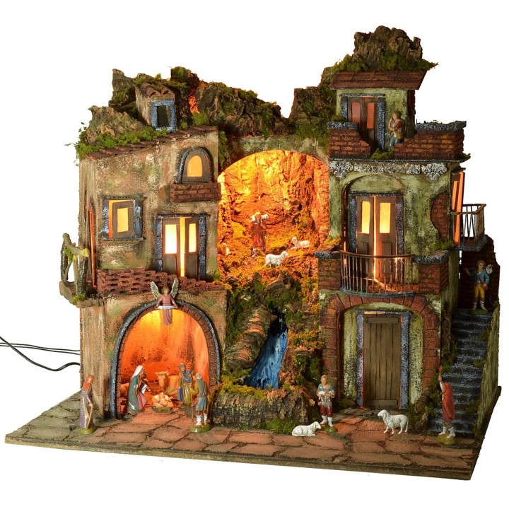 Presepe illuminato stile '700 con cascata completo di statue